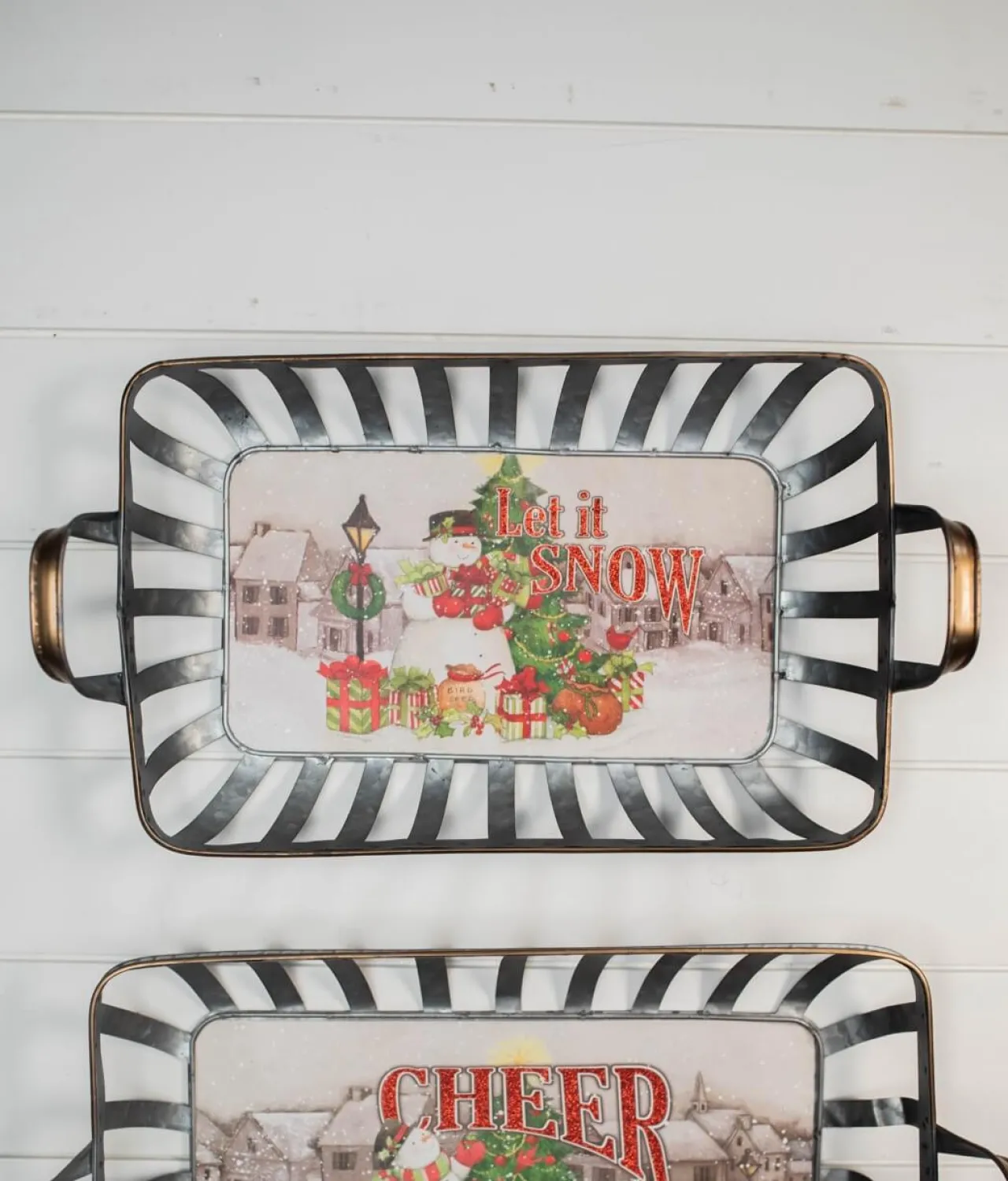 Online Decorator's Warehouse 21” Galvanized Metal Holiday Snowman Baskets With Glitter Accent - Set Of 2