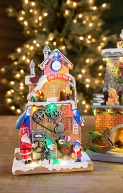 Online Decorator's Warehouse 11.4” H B/O Lighted Musical Santa’s Toy Factory With Moving Train