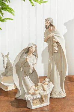 New Decorator's Warehouse 7-18" Whitewash Nativity With Gold Trim - Set Of 9