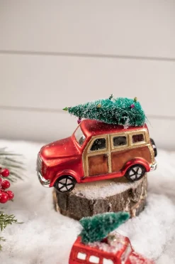 New Decorator's Warehouse Glass Car With Bottle Brush Tree Décor