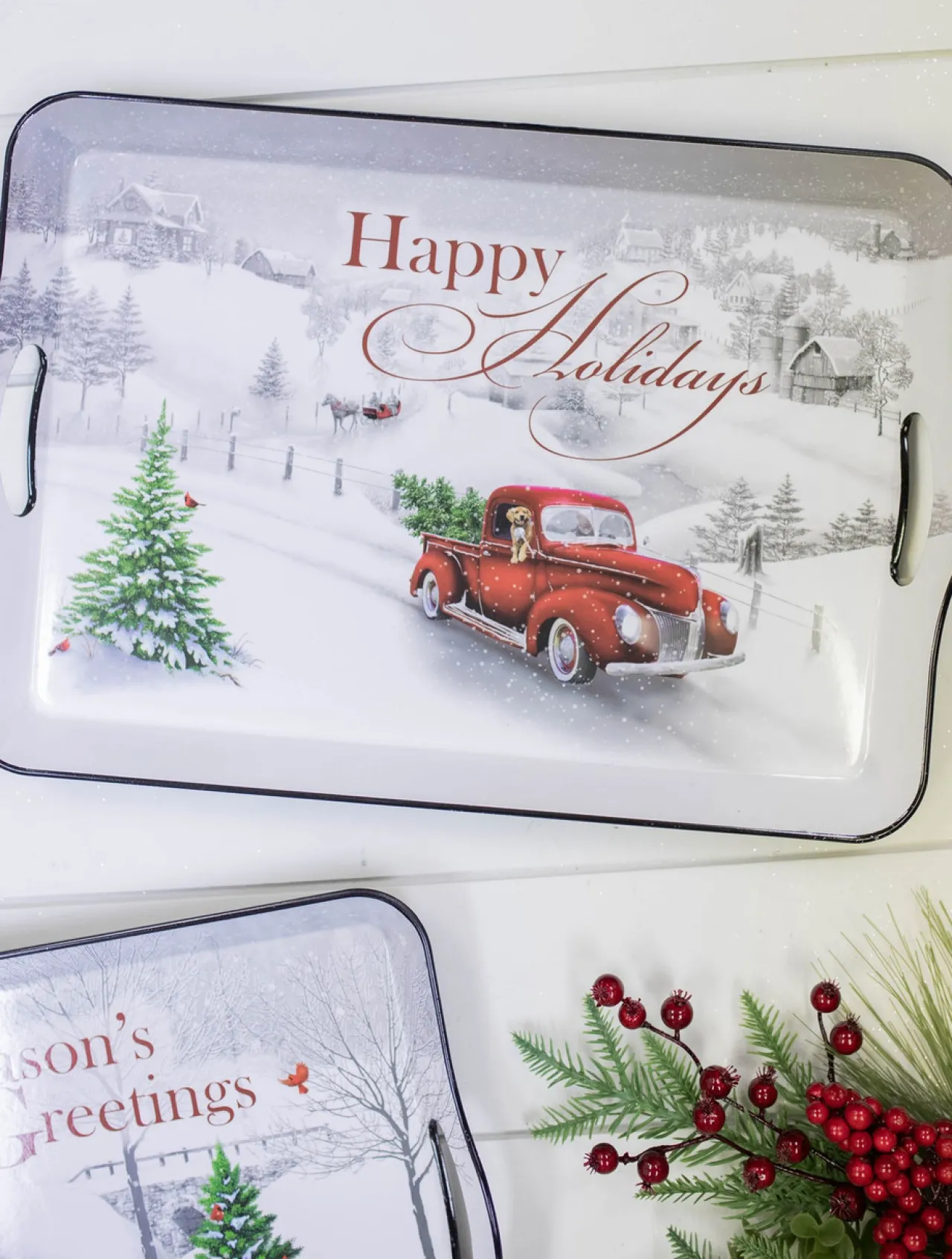 Decorator's Warehouse 17.3”L Holiday Farmhouse Red Truck Scene Tray