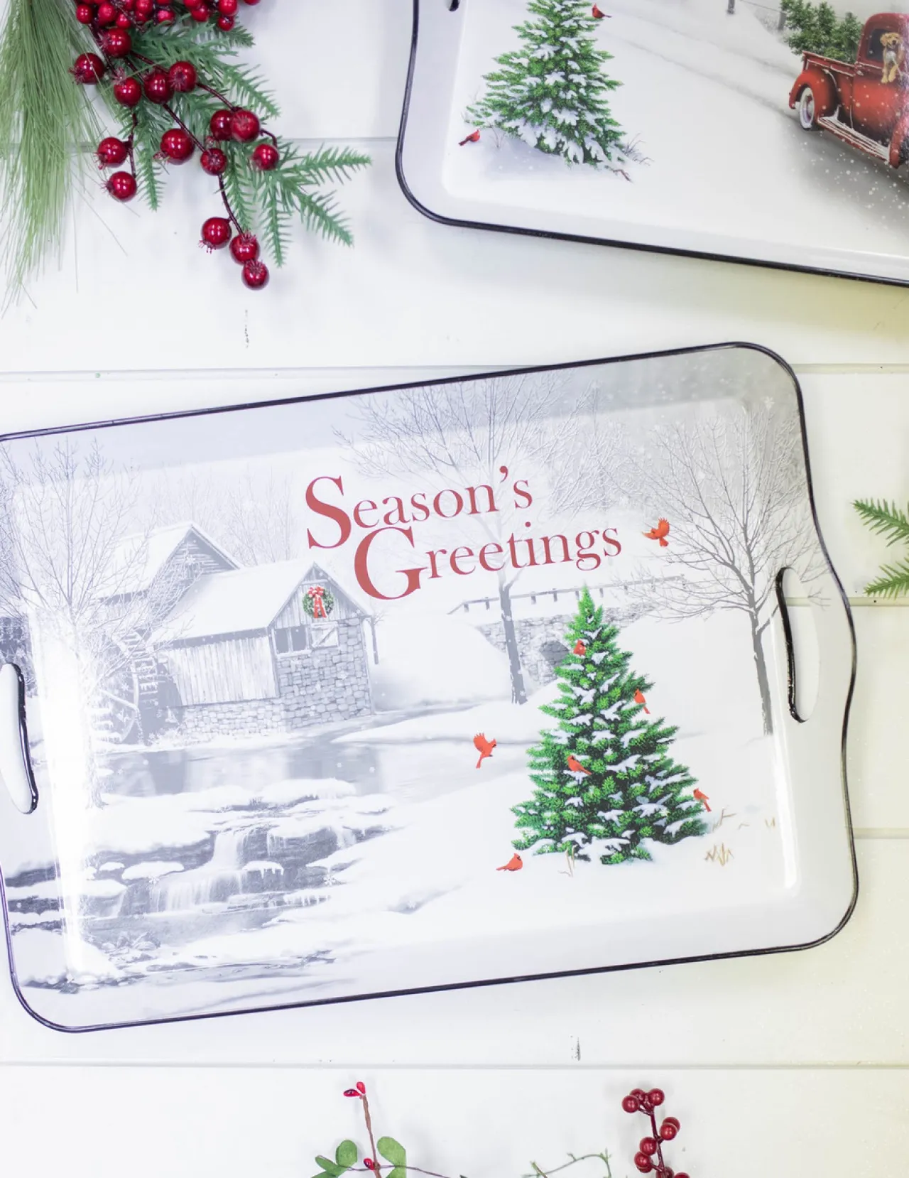 Decorator's Warehouse 17.3”L Holiday Farmhouse Red Truck Scene Tray