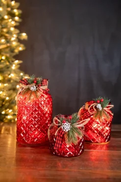 Best Decorator's Warehouse Lighted Holiday Glass Luminary W/ Floral Accent And Timer (battery Operated) - Set Of 3